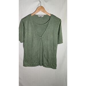 Vtg Womens Sage Green Embroidered Floral Short Sleeve Blouse Top Sz L 90s